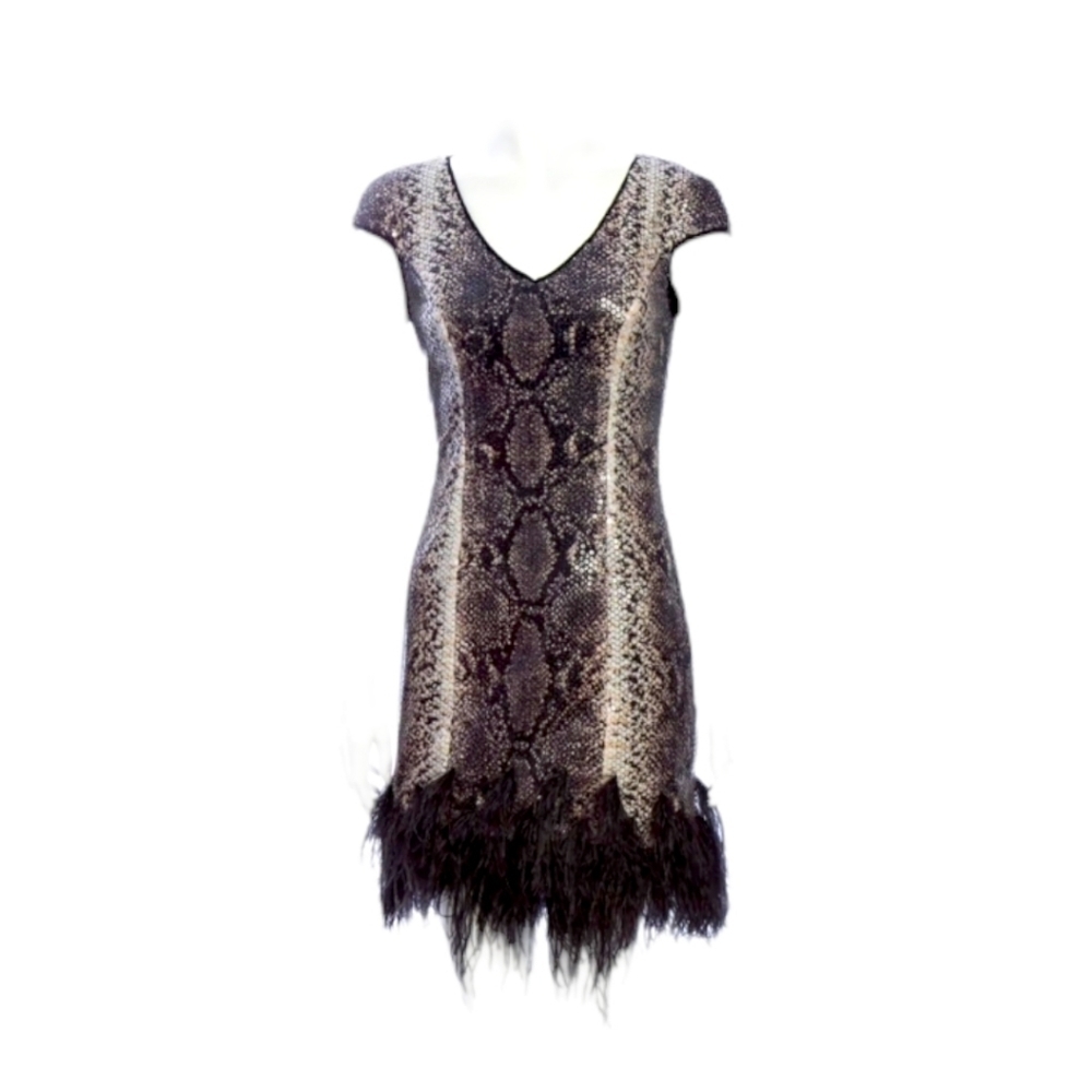 Mikael Aghal Ombre Snakeskin Sequin Feather Dress